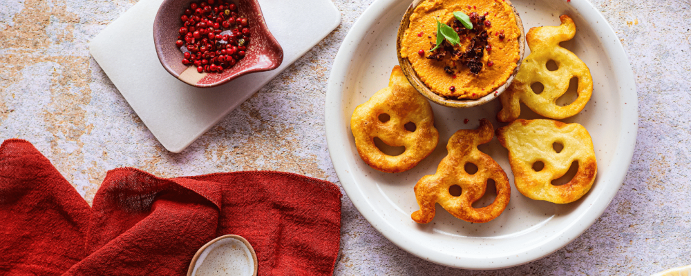 Весёлые картофельные мордочки Pom' Patati с хумусом из запечённой моркови